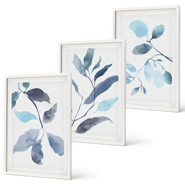 Gerahmtes Bilderset mit Aquarell von blauen Blättern