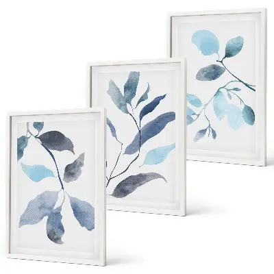 Gerahmtes Bilderset mit Aquarell von blauen Blättern