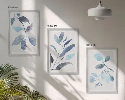 Gerahmtes Bilderset mit Aquarell von blauen Blättern