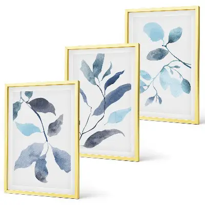 Gerahmtes Bilderset mit Aquarell von blauen Blättern