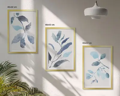 Gerahmtes Bilderset mit Aquarell von blauen Blättern