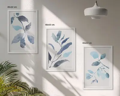 Gerahmtes Bilderset mit Aquarell von blauen Blättern