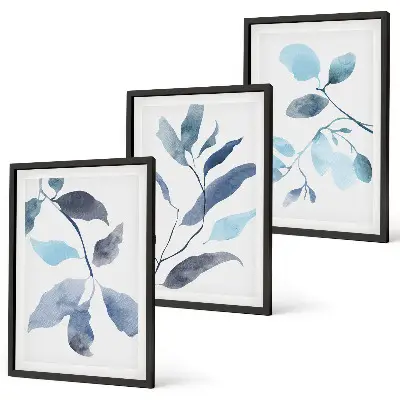 Gerahmtes Bilderset mit Aquarell von blauen Blättern