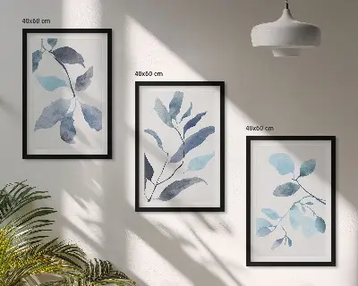Gerahmtes Bilderset mit Aquarell von blauen Blättern