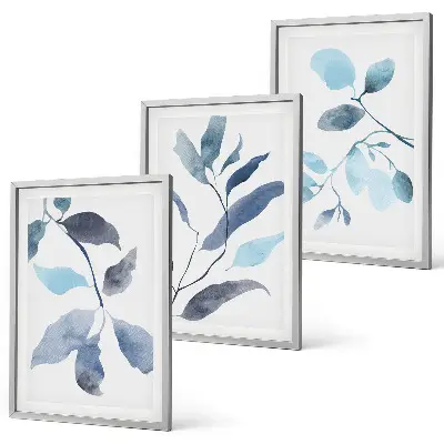 Gerahmtes Bilderset mit Aquarell von blauen Blättern