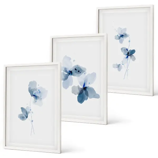Blaue Blumen 3er-Set Bilder mit Rahmen