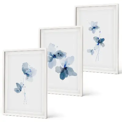 Blaue Blumen 3er-Set Bilder mit Rahmen
