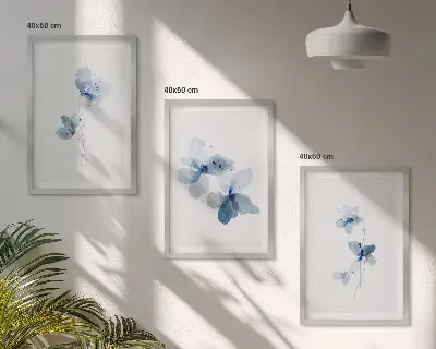 Blaue Blumen 3er-Set Bilder mit Rahmen