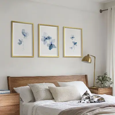 Blaue Blumen 3er-Set Bilder mit Rahmen