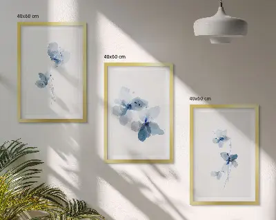 Blaue Blumen 3er-Set Bilder mit Rahmen