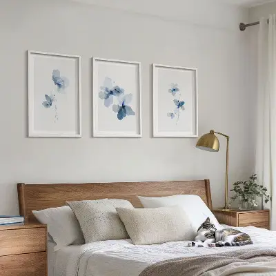 Blaue Blumen 3er-Set Bilder mit Rahmen