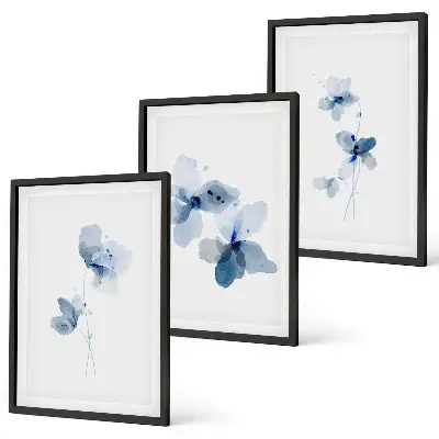 Blaue Blumen 3er-Set Bilder mit Rahmen