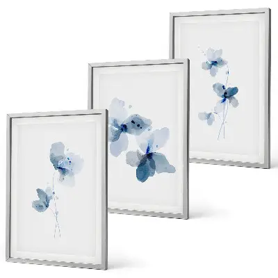 Blaue Blumen 3er-Set Bilder mit Rahmen