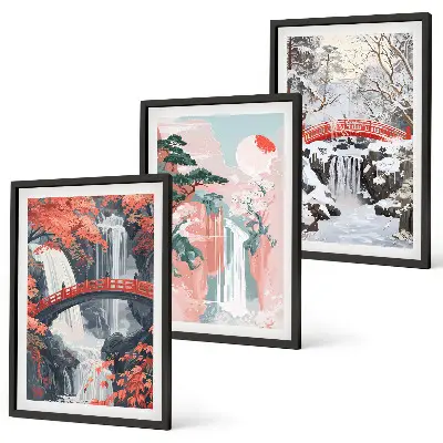 Wasserfälle der Jahreszeiten Bilder-3er-Set mit Rahmen