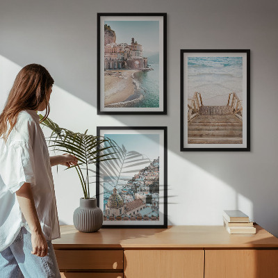 Gerahmtes bilderset Sommerliche Strandansichten in Pastellfarben