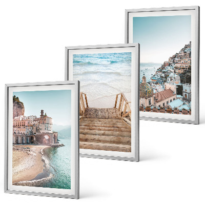 Gerahmtes bilderset Sommerliche Strandansichten in Pastellfarben