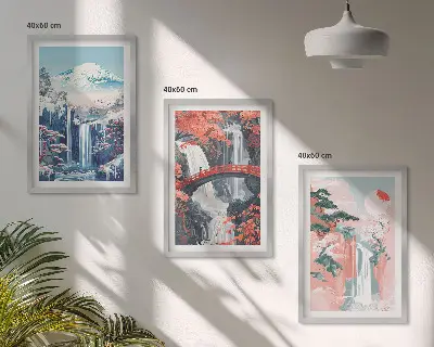 Gerahmtes Bilderset mit Motiven von Wasserfällen, Bergen, Brücken und Bäumen