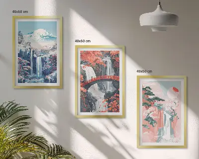 Gerahmtes Bilderset mit Motiven von Wasserfällen, Bergen, Brücken und Bäumen