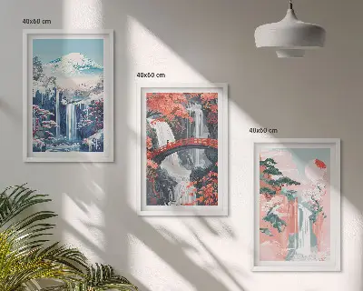 Gerahmtes Bilderset mit Motiven von Wasserfällen, Bergen, Brücken und Bäumen