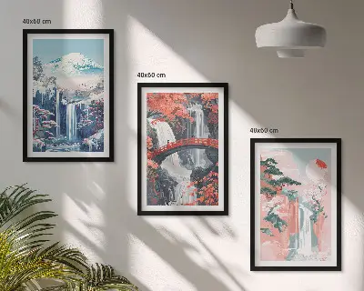 Gerahmtes Bilderset mit Motiven von Wasserfällen, Bergen, Brücken und Bäumen