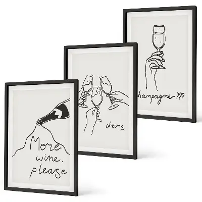 Champagner Wein Linienzeichnung gerahmtes Bilderset