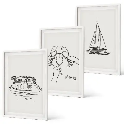 Bilder-3er-Set mit Rahmen Motiv Haus am Wasser und Segelboot