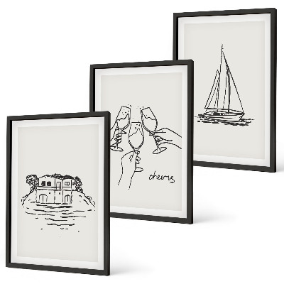 Bilder-3er-set mit rahmen Haus am Wasser, Segelboot-Toast