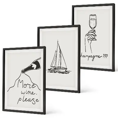Gerahmtes Bilderset Glasbild mit Weinsegelboot-Linienzeichnung