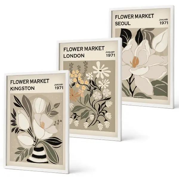 Gerahmtes Bilderset mit Retro-Blumenmotiven aus Städten rund um die Welt
