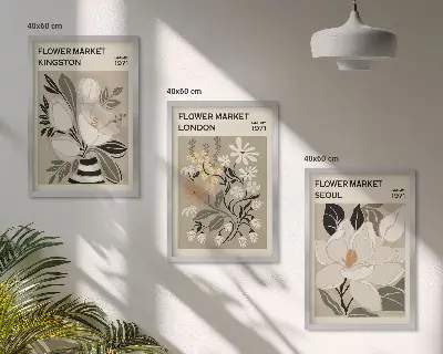 Gerahmtes Bilderset mit Retro-Blumenmotiven aus Städten rund um die Welt
