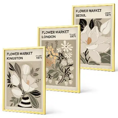 Gerahmtes Bilderset mit Retro-Blumenmotiven aus Städten rund um die Welt