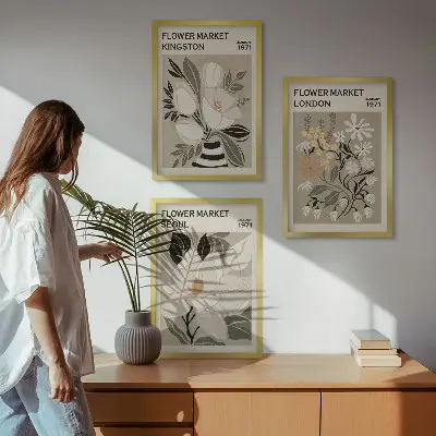 Gerahmtes Bilderset mit Retro-Blumenmotiven aus Städten rund um die Welt