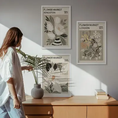 Gerahmtes Bilderset mit Retro-Blumenmotiven aus Städten rund um die Welt