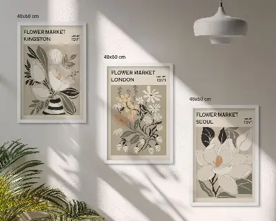 Gerahmtes Bilderset mit Retro-Blumenmotiven aus Städten rund um die Welt