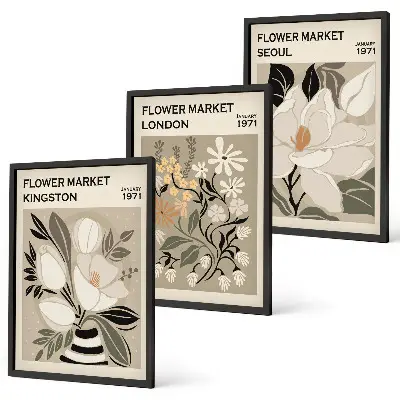 Gerahmtes Bilderset mit Retro-Blumenmotiven aus Städten rund um die Welt