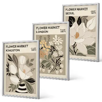 Gerahmtes Bilderset mit Retro-Blumenmotiven aus Städten rund um die Welt