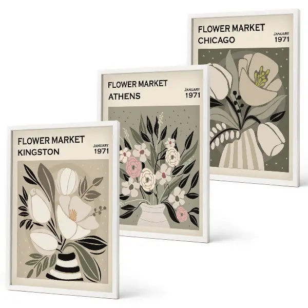 Retro-Blumenarrangements 3er-Set mit Rahmen