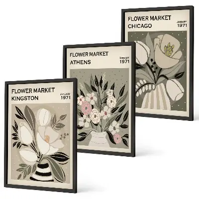 Retro-Blumenarrangements 3er-Set mit Rahmen