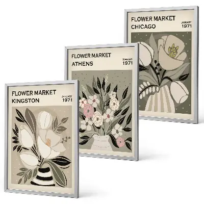 Retro-Blumenarrangements 3er-Set mit Rahmen