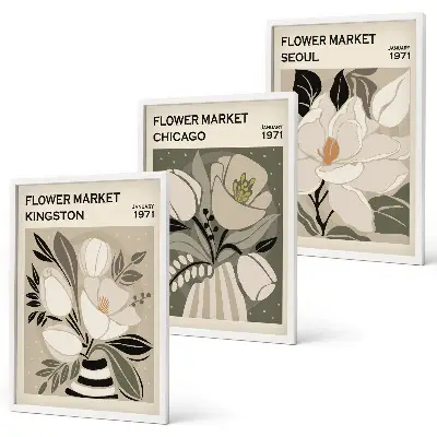 Blumen Kunstdrucke Kingston Seoul Chicago im 3er-Set mit Rahmen