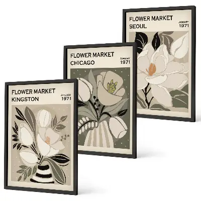 Blumen Kunstdrucke Kingston Seoul Chicago im 3er-Set mit Rahmen