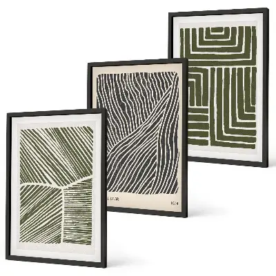 Muster Linien Formen grün 3er-Set Bilder mit Rahmen