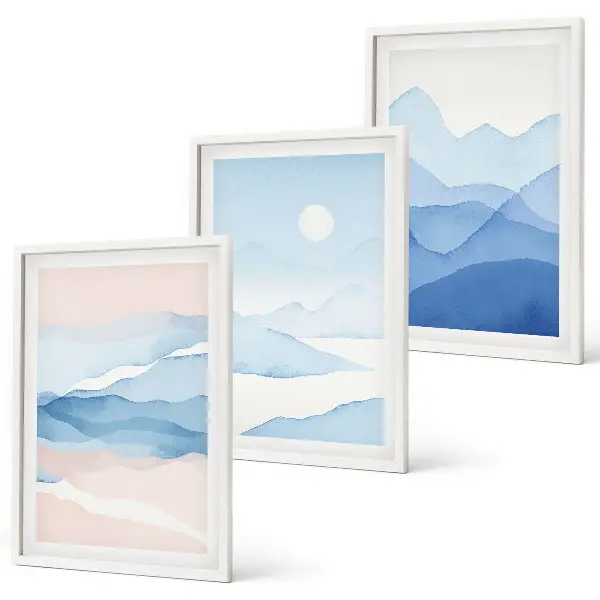 Gerahmtes Bilderset Aquarell mit blau-rosa Bergen