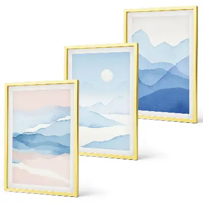 Gerahmtes Bilderset Aquarell mit blau-rosa Bergen