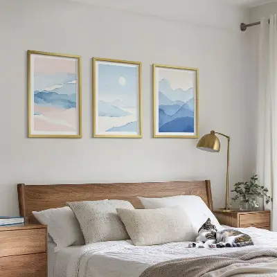 Gerahmtes Bilderset Aquarell mit blau-rosa Bergen