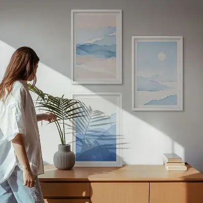 Gerahmtes Bilderset Aquarell mit blau-rosa Bergen