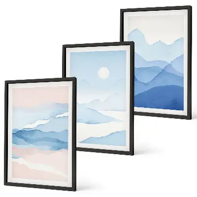 Gerahmtes Bilderset Aquarell mit blau-rosa Bergen