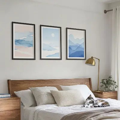 Gerahmtes Bilderset Aquarell mit blau-rosa Bergen