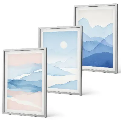 Gerahmtes Bilderset Aquarell mit blau-rosa Bergen