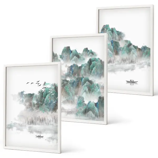 3er-Set Bilder mit Rahmen mit Motiven von Bergen, Wolken, Vögeln und Booten im Japandi-Stil